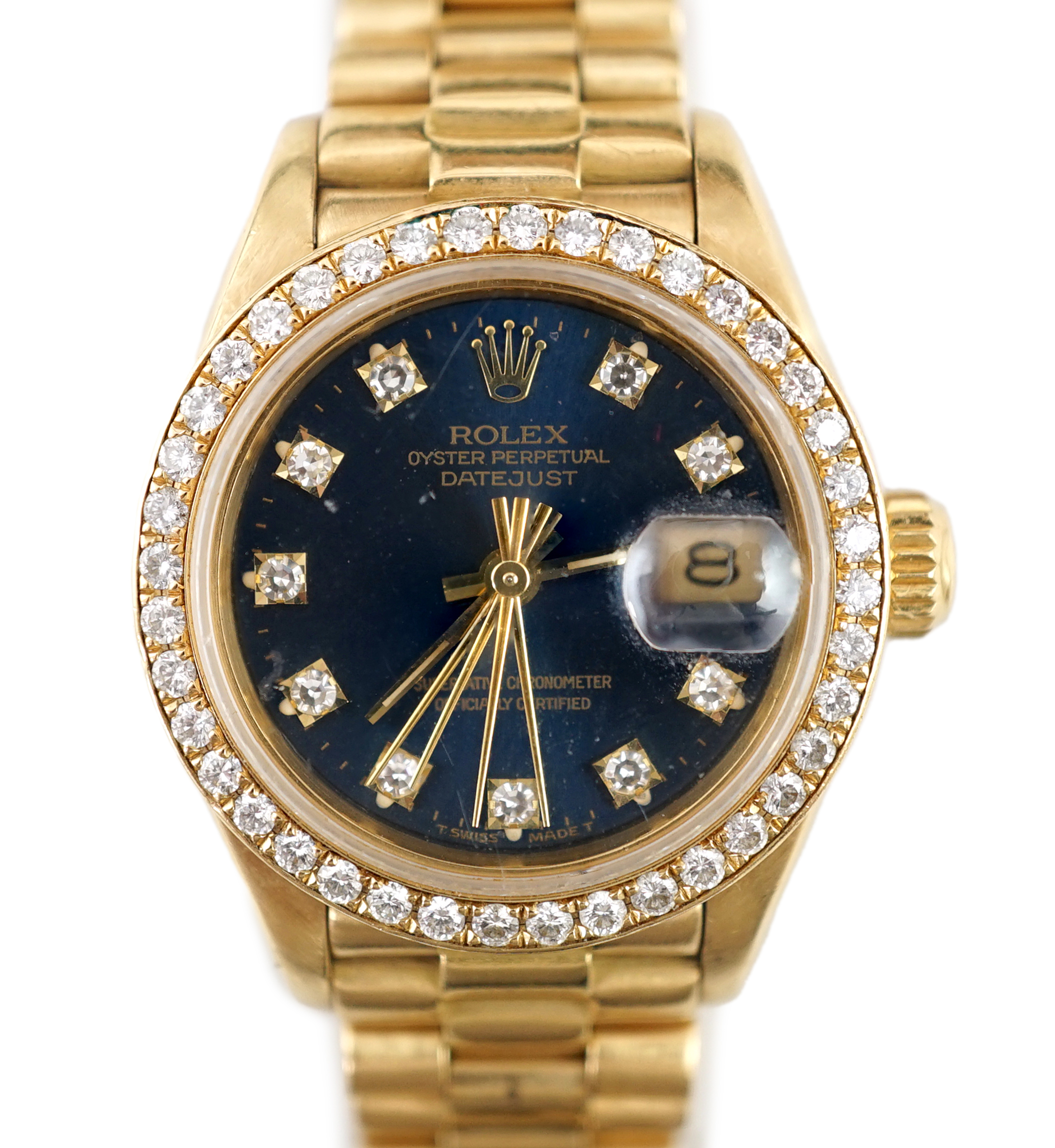 A lady's 1990 18ct gold and diamond set Rolex Oyster Perpetual Datejust wrist watch